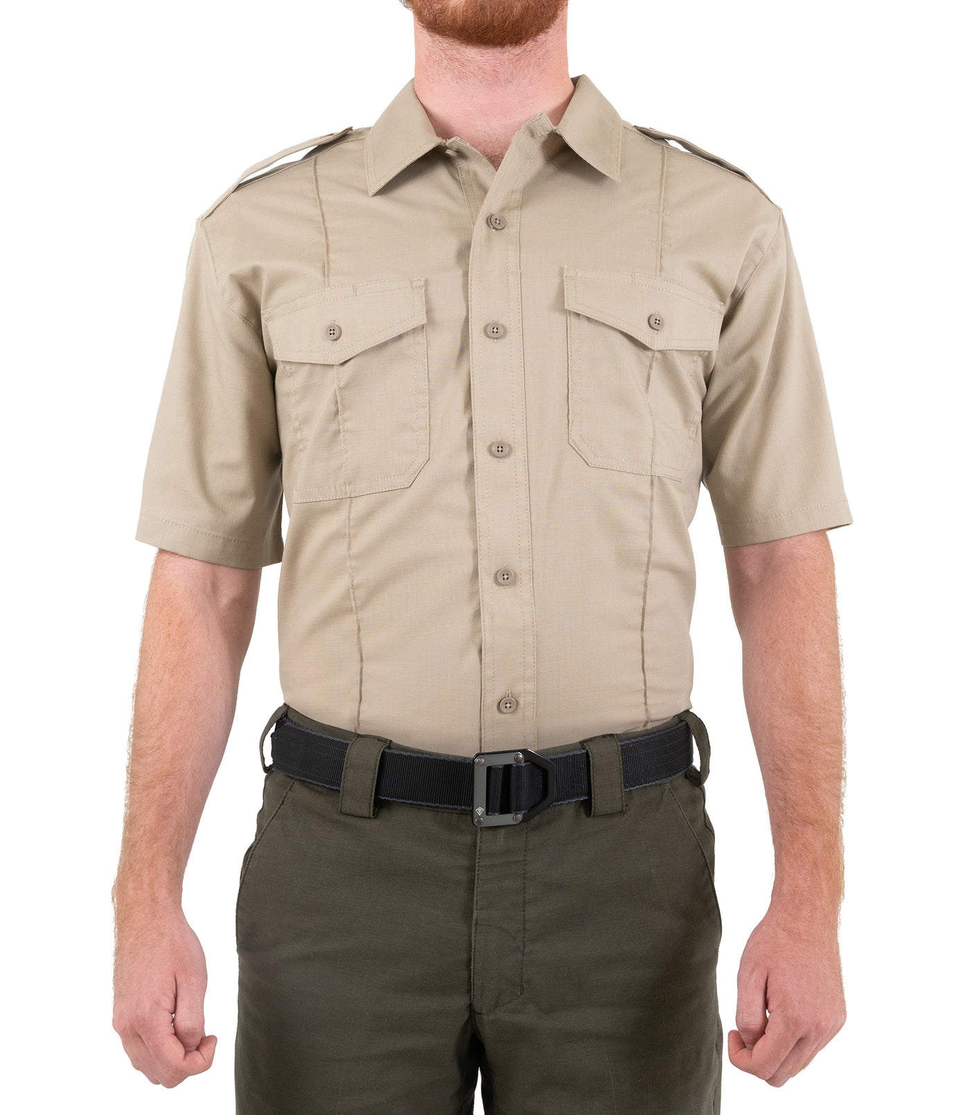 Front of Men's Pro Duty Uniform Short Sleeve Shirt in Silver Tan