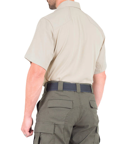 Side of Men's V2 Pro Performance Short Sleeve Shirt in Khaki