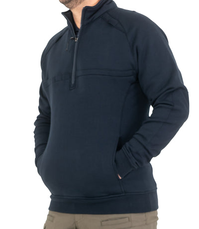 Front Pockets of Men’s Cotton Job Shirt Quarter Zip in Midnight Navy