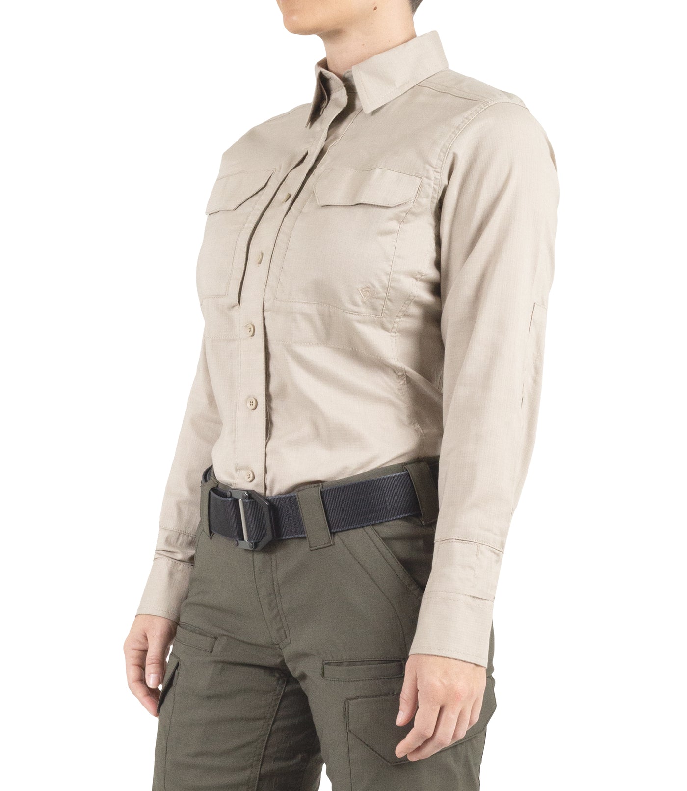 Side of Women's V2 Tactical Long Sleeve Shirt in Khaki